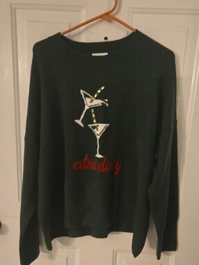 CeCe Dark Green Crewneck Sweater with Martini Graphics